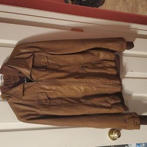 HOODED SWEATSHIRT VEGAN LEATHER CAMEL JACKET